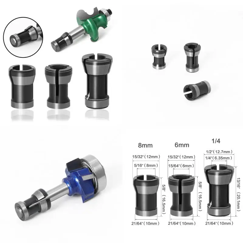 3PCS High Precision Adapter Collet 8mm 6.35mm 6mm Collets Chuck Engraving Trimming Machine Router Milling Cutter Accessories