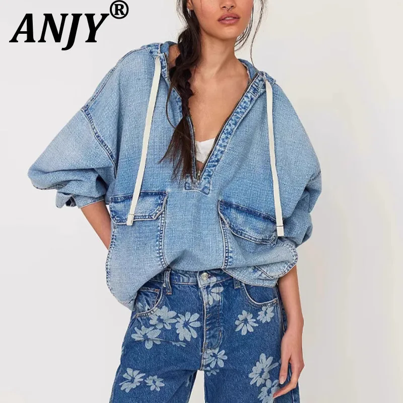 

ANJY Autumn New Women's Tide Fashion High Street Stylish Vintage Y2K Casual Washed Hooded Long Sleeve Pockets Denim Jacket A8055