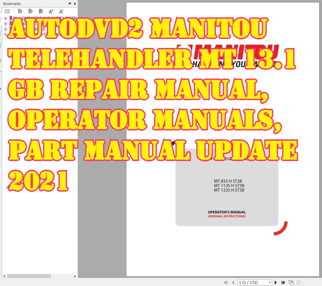

Телескопическая нагрузка AutoDVD2 Manitou MT 13,1 ГБ, руководство по ремонту, руководство оператора, руководство по обновлению детали 2021.