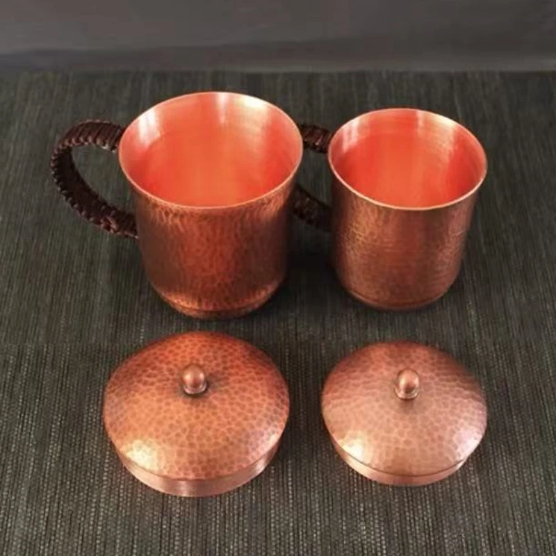 Vintage Pure Copper Coffee Cup,With lid Mug Moscow Mule Tumbler Thickened Hammer Texture Woven Handle 500 ml Beer Mug,Tableware