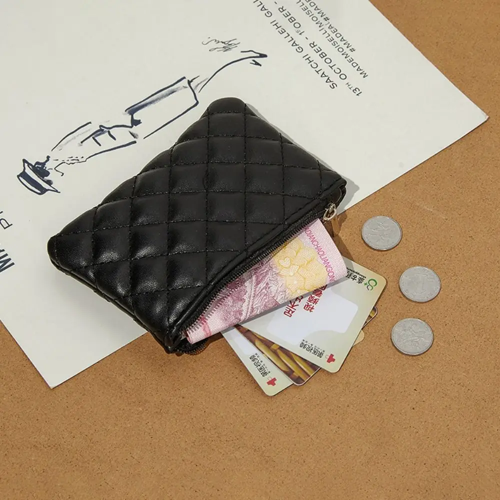 Tas uang portabel wanita, dompet kartu kredit kulit PU ringan ritsleting Rhombic