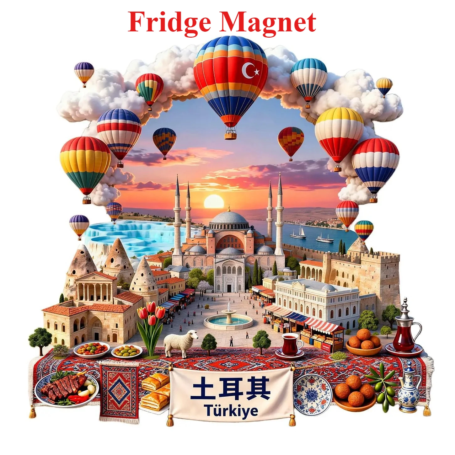 Turkey Istanbul Landmark Metal Embossed Fridge Magnet, Hot Air Balloon Design, Magnetic Sticker Travel Souvenir Decor Gift