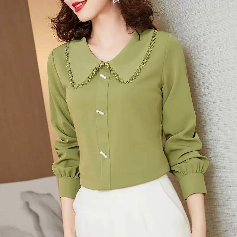 Fashion Commute Peter Pan Collar Blouse Elegant Lace Spliced Spring Solid Color Korean Female Clothing Chic Pearl Beading Shirt