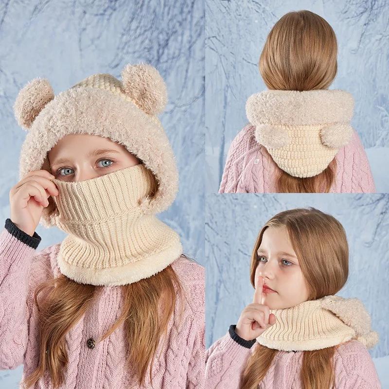 

Winter Warm Children Bear Hat Face Mask Ear Protection Hat Cold-proof Plush Balaclava Hat Hooded Neck Warmer Outdoor