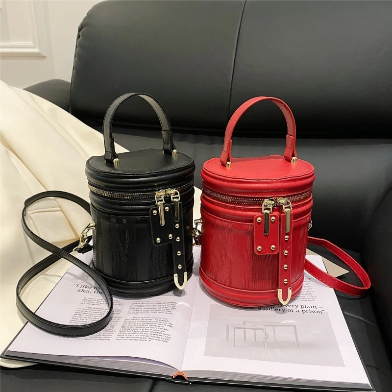 Womens PU Leather Cylinder Bag Shoulder Crossbody Round Bag Vintage Bucket Handbag with Double Metal Zipper Top Handle
