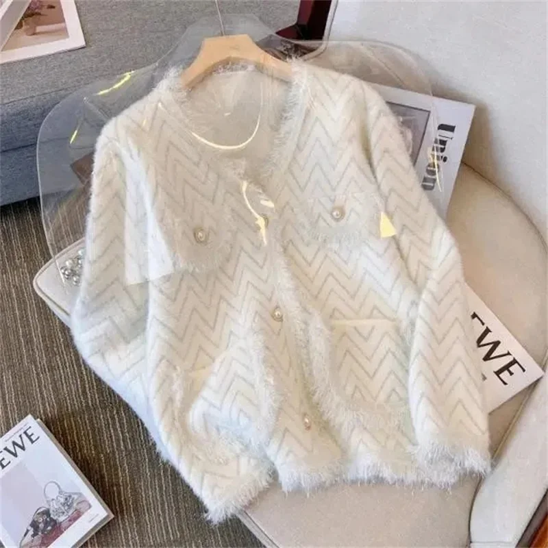 

2023 Spring and Autumn New Imitation Mink Leather Knitted Korean Version Cardigan Small Fragrant Sweater Coat French Fringe Top