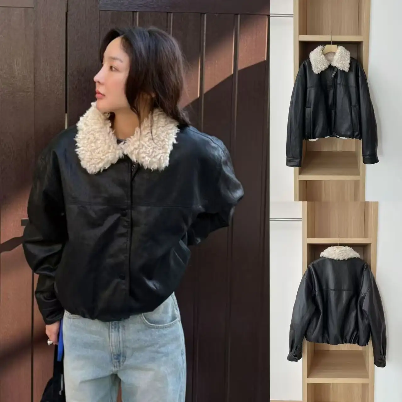 Faionable Retro Leather And Fur Jaet Coat for Women Korean Sle Loose Fit Long Sve Zipper Closure ort Outerwear