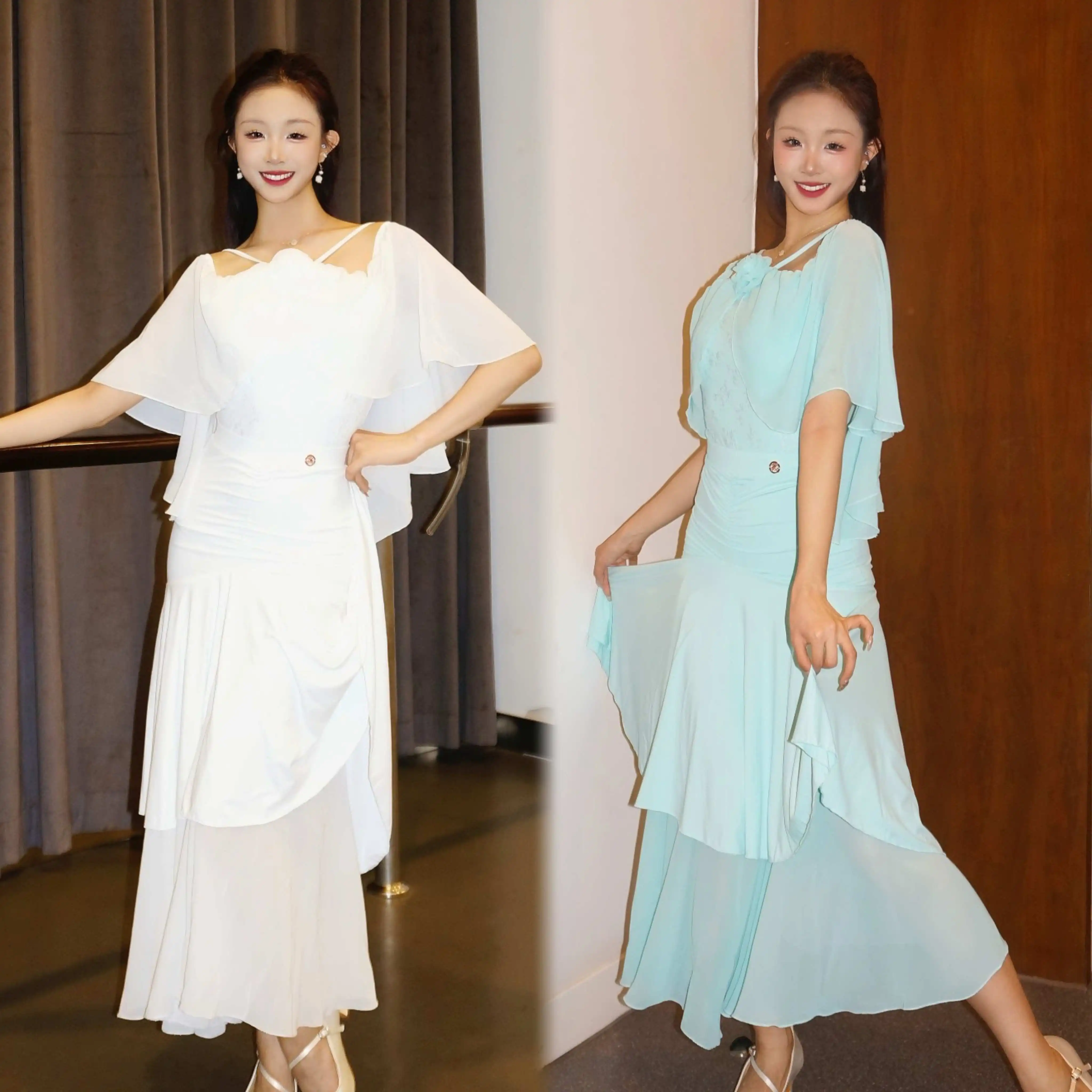 

Одежда для бальных танцев, летние женские топы для занятий вальсом, белая, зеленая длинная юбка, платья для танго, одежда для выступлений V26698