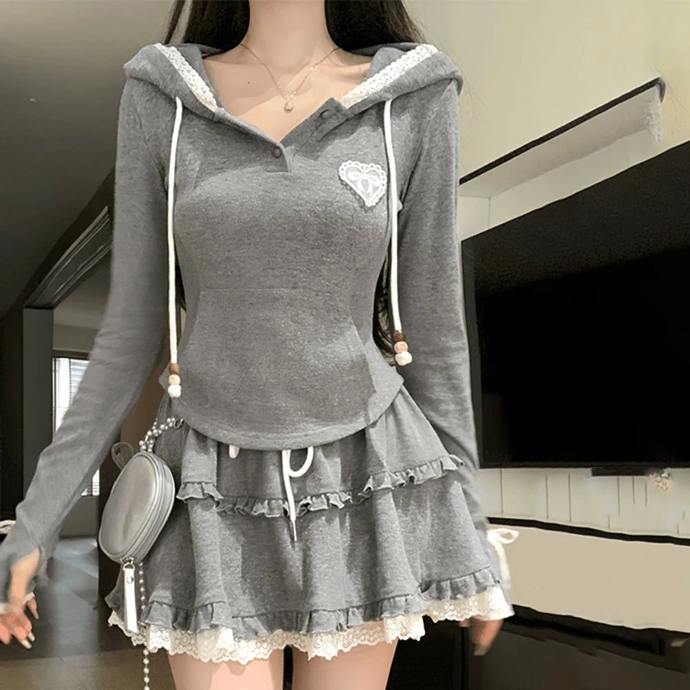 Commuting Outfit Gray Hooded Top Skirt No Collar Neckline Solid Color Design Suitable For Spring Autumn Winter
