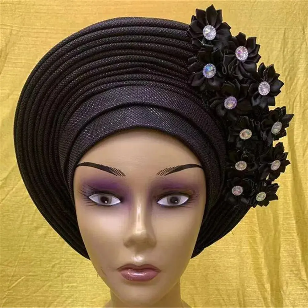 Auto Gele Headtie Already Made 2022 Aso Oke Sego Gele Headtie African Hats Turbans Femme Fashion Bonnets Head Wraps High Quality