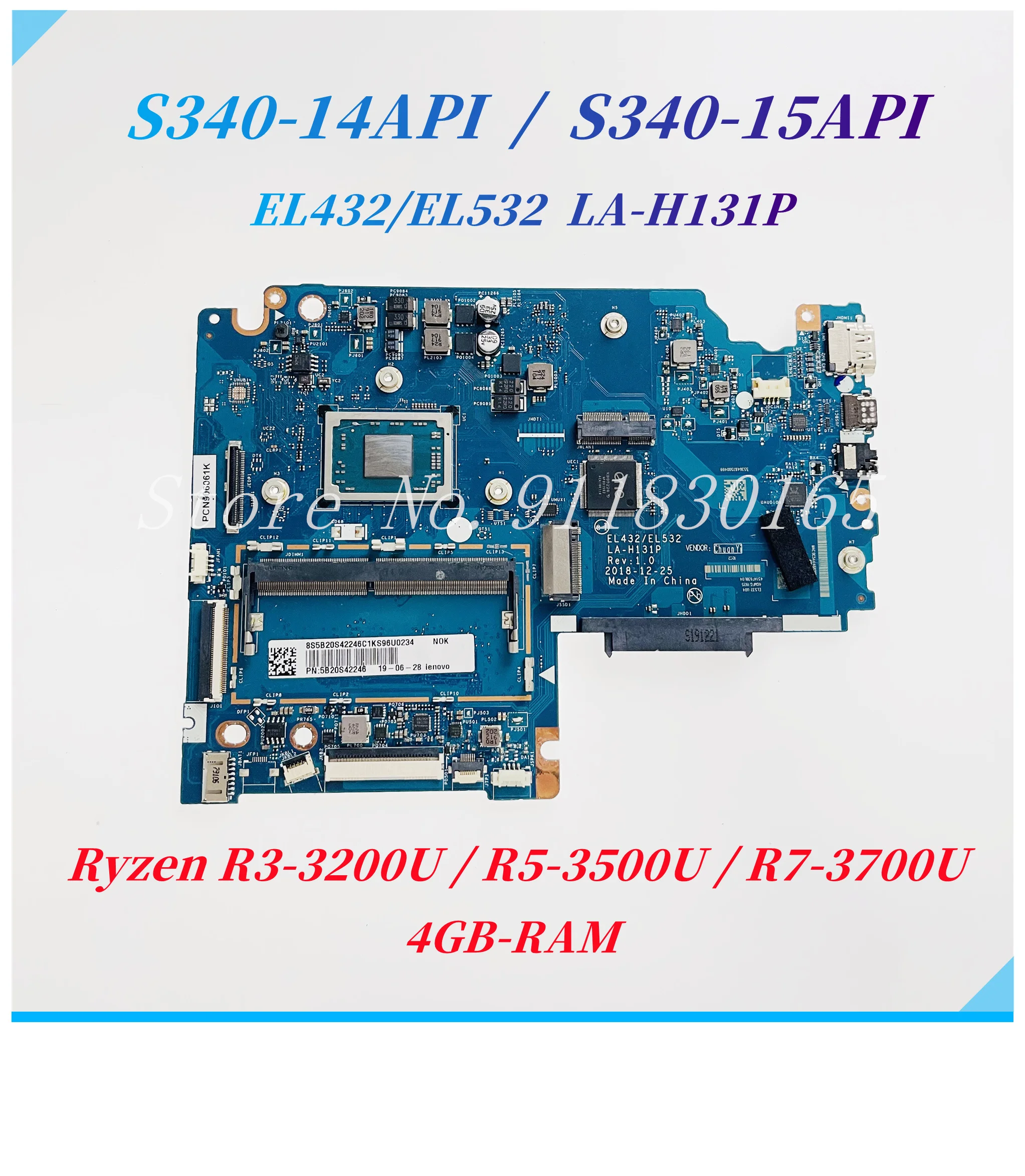 

LA-H131P For Lenovo Ideapad S340-14API S340-15API Laptop Motherboard With Ryzen R3-3200 R5-3500 R7-3700U CPU 4GB-RAM 5B20S42246