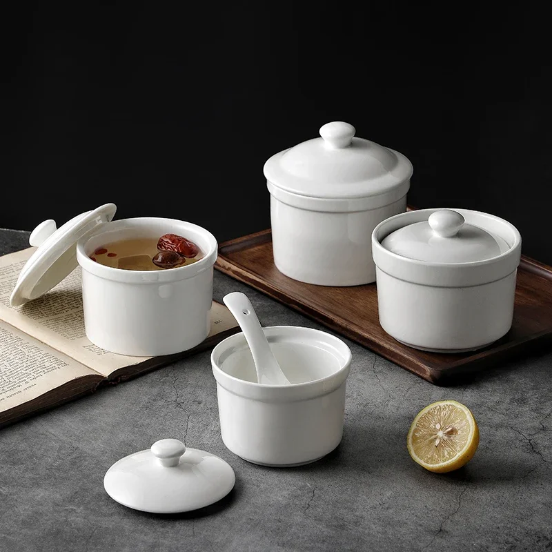 White, Ceramic with Lid, Steamed Egg Bowl, Soup Bowl, Rice Bowl, Dessert Bowl, Hotel, Restaurant Bird\'s Nest Small Cup, Separate