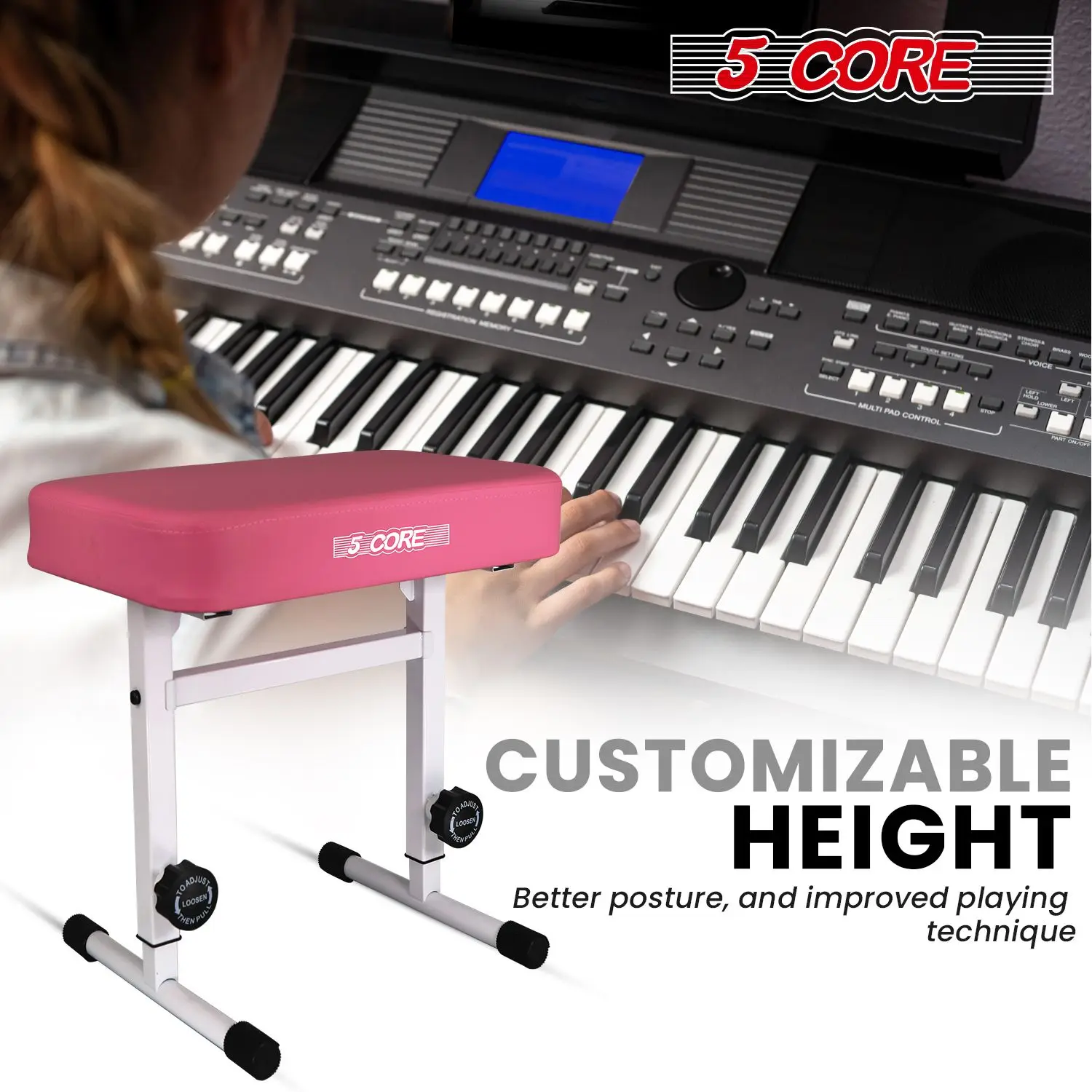 5 CORE لوحة المفاتيح مقعد البيانو البراز T نمط الوردي سميكة مبطن وسادة مقعد |   ارتفاع قابل للتعديل 17 إلى 22 بوصة |   كرسي لوحة المفاتيح (PU