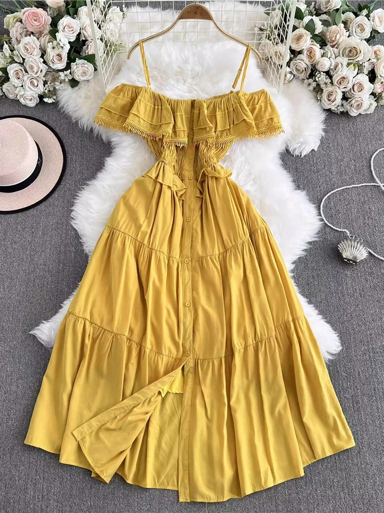 Summer Sexy Spaghetti Strap Dress Elegant Green/Yellow/White/Red Ruffle Tassel Single Breasted Robe Vacation Beach New Fashion