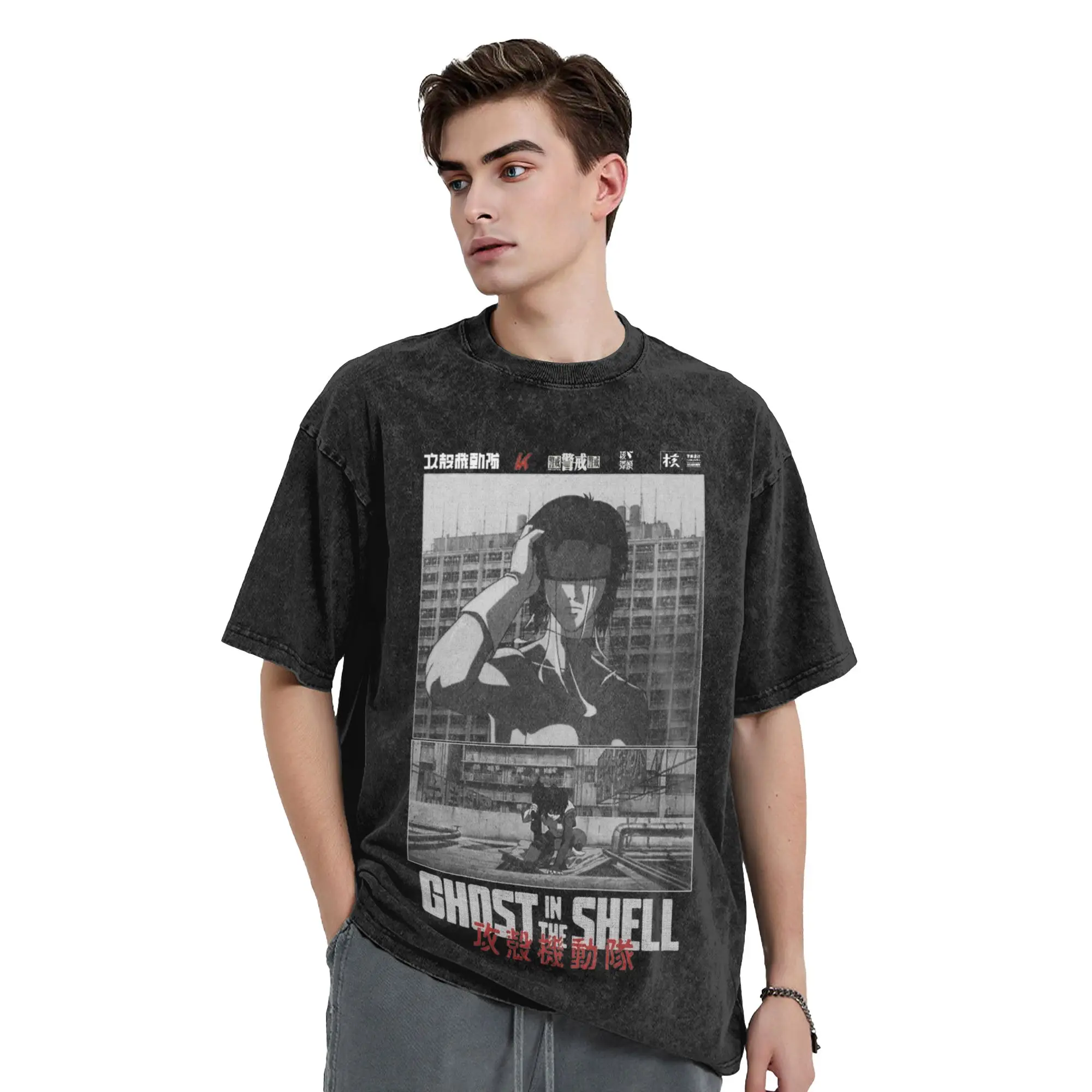 Major Motoko Kusanagi Ghost in the Shell  Vintage Washed T Shirt Men's Cotton Clothes Funny  Crewneck Short Sleeve