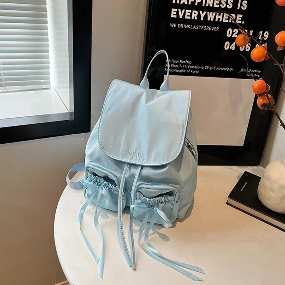 

Cute Korean Style Drawstring Backpack Bowknot Ballet Style Nylon Bag Solid Color Book Bag Bow Shoulder Bag Women