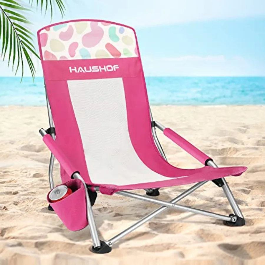 

VILLEY HAUSHOF Beach Chair, Mesh Back Folding Chair, Lightweight Low Seat Camping Chairs with Cup Holder, Carry Bag, Padded Arm