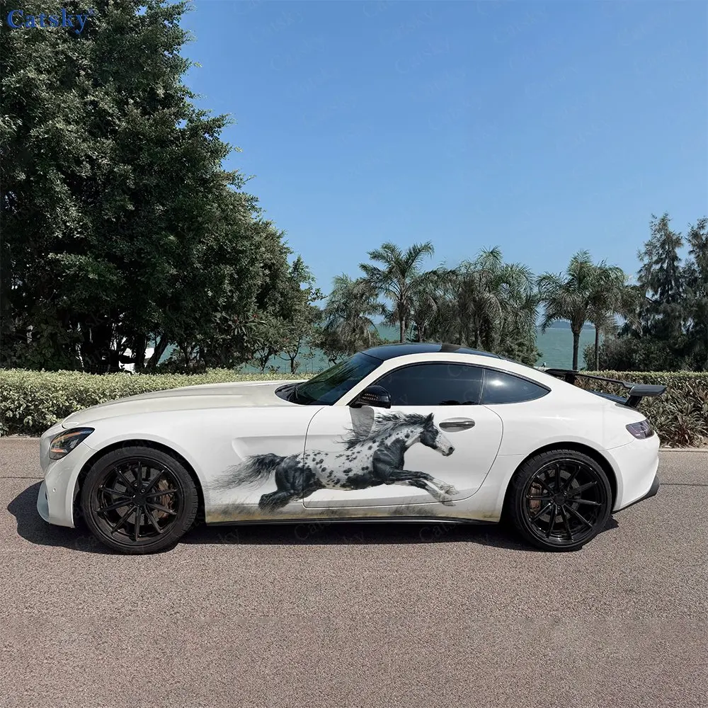 2pcs Grass Ink Wash Galloping Horse Car Side Wrap, Self-Adhesive PVC Waterproof & Scratch-Resistant Stickers, Car Accessory Gift