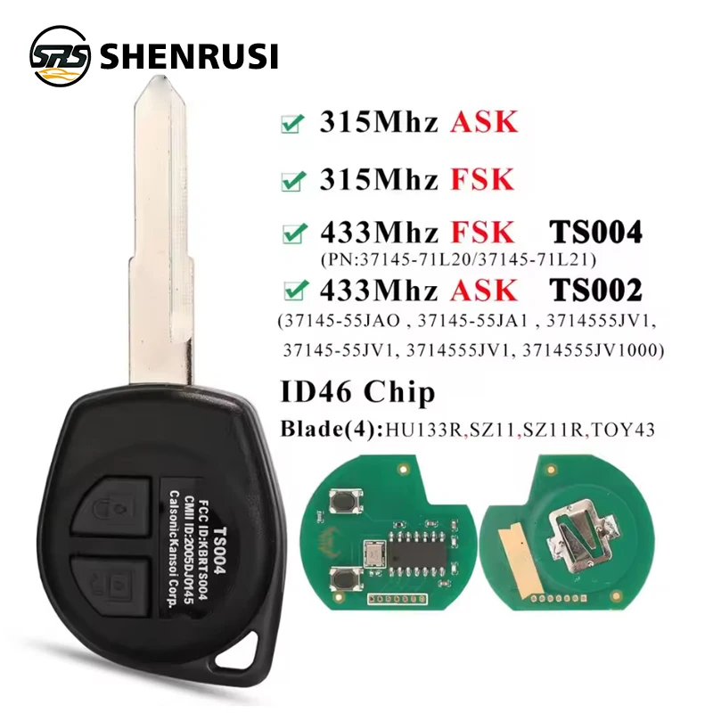 

YONSEN 433MHz /315Mhz ASK/FSK ID46 Chip Car Remote Key for Suzuki Swift SX4 ALTO Vitara Grand Vitara Ignis JIMNY Splash Fob