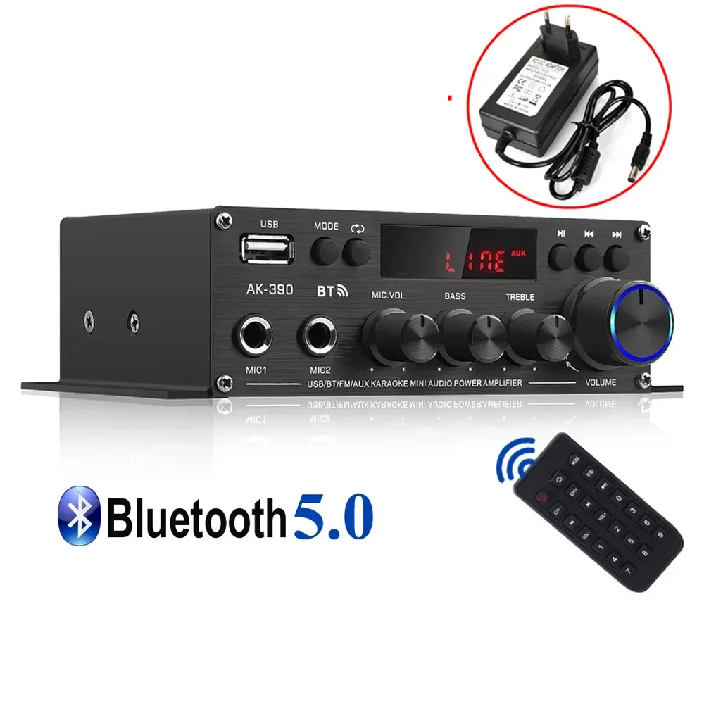AK390 BT 5.0 HiFi Power Amplifier 400Wx2 Stereo Digital AMP BASS Media Player Supports FM Radio AUX Microphone Input