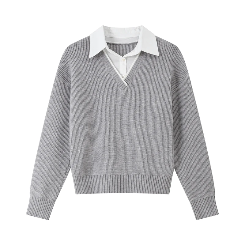 Vimly outono 2025 moda mulher nova malha cinza pullovers estilo preppy retalhos 2 em 1 camisola turn-down neck senhoras jumpers 75082