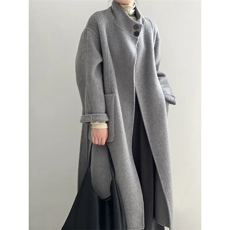 Temperament Standing Collar Double Faced Woolen Long Coat For Women's Autumn And Winter 2023 New High-End Felt Woolen Coat