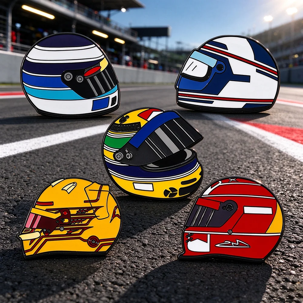 5Pcs Racing Helmet Enamel Pins Set Formula Race Car Helmet Metal Lapel Brooches, Vintage Motorsport Helmet Badges for Backpack