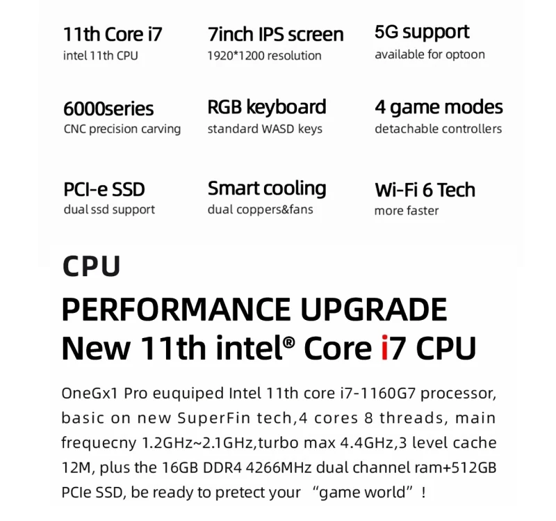كمبيوتر محمول OneGx1 Pro PC صغير 7.0 بوصة 16 جيجابايت + 512 جيجابايت 5 جيجا شبكة واحدة نتبووك جيب كمبيوتر محمول للألعاب 12000 مللي أمبير في الساعة Win 10 Core I7 مع لوحة ألعاب