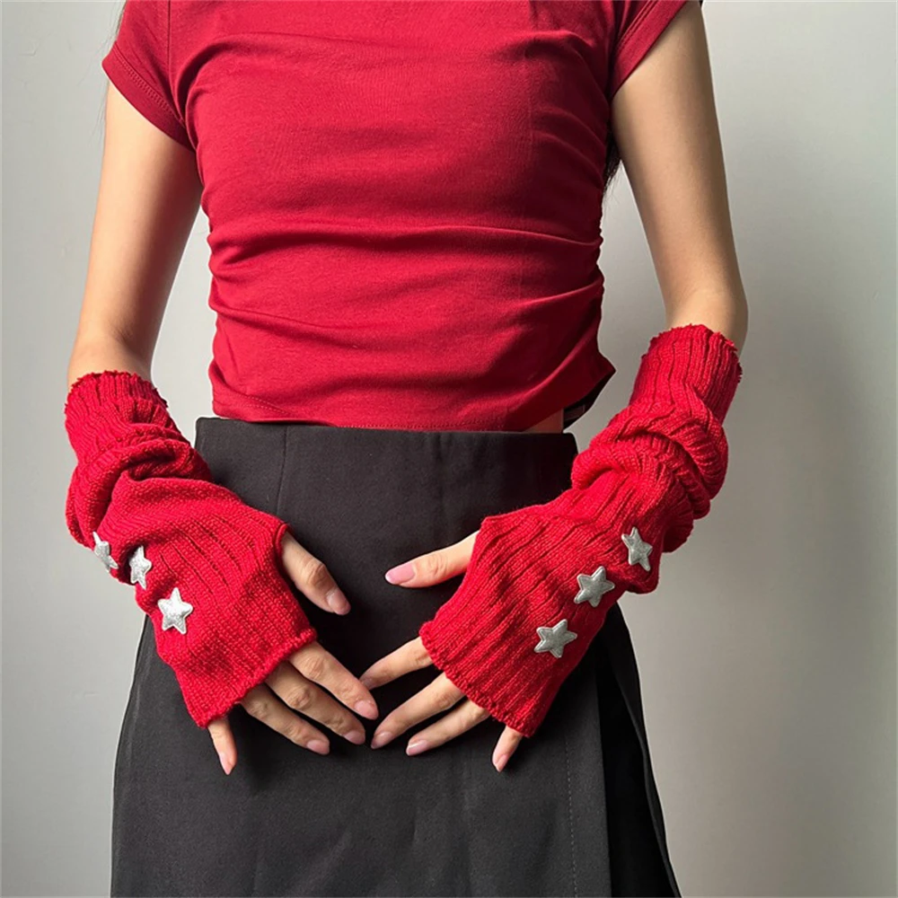 New Year Red Fingerless Gloves Japanese Y2k Gothic  Woolen Knitted Christmas Stars Arm Sleeves Cuffs Women's Half-finger Gloves