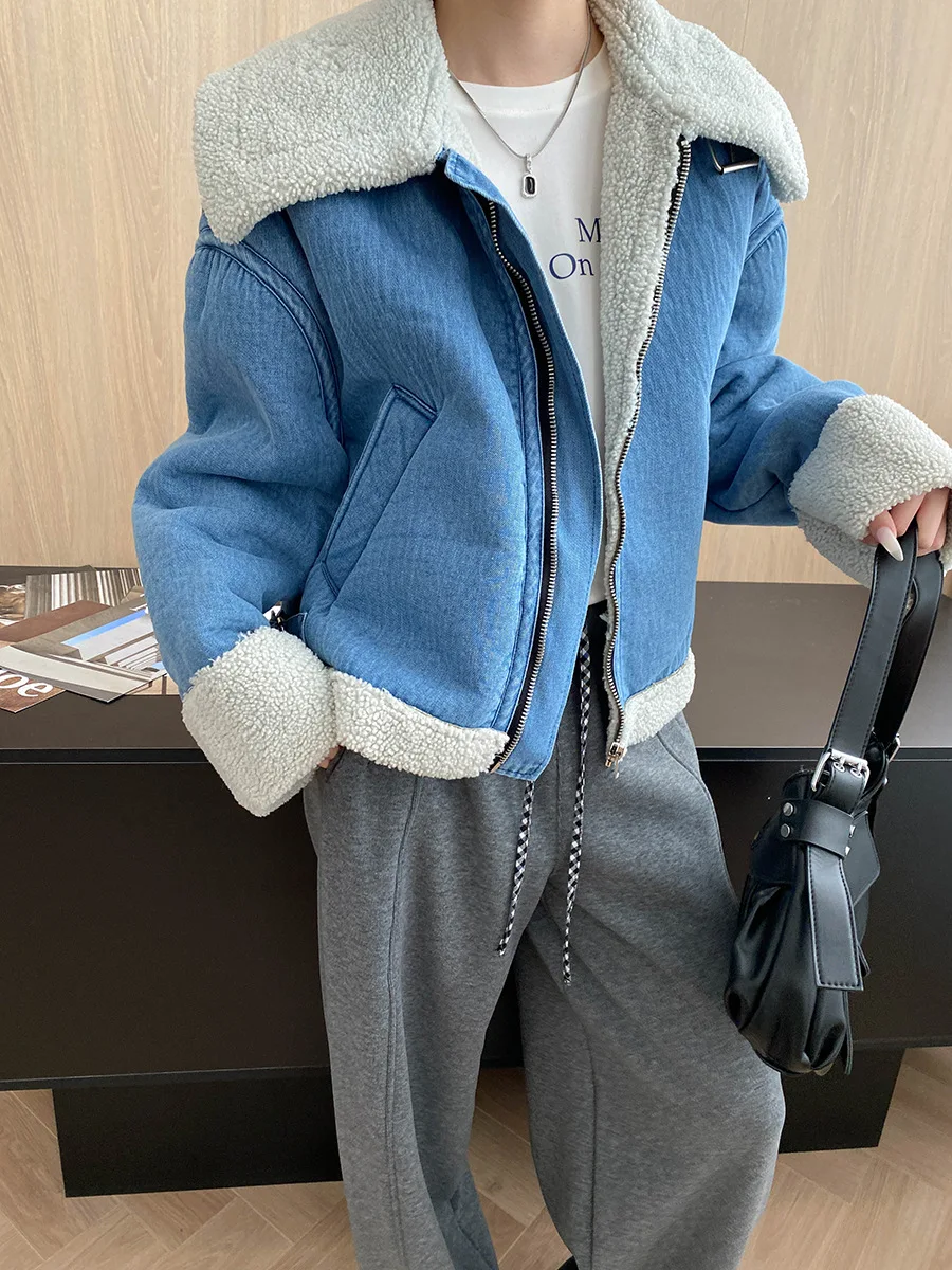 Women's casual solid color high-end imitation lamb fur integrated large collar denim jacket