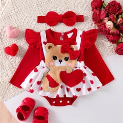 Baby Girl Heart Print Romper Dress Long Sleeve Round Neck Bear Embroidery Jumpsuit with Headband Baby Valentine's Day Outfits