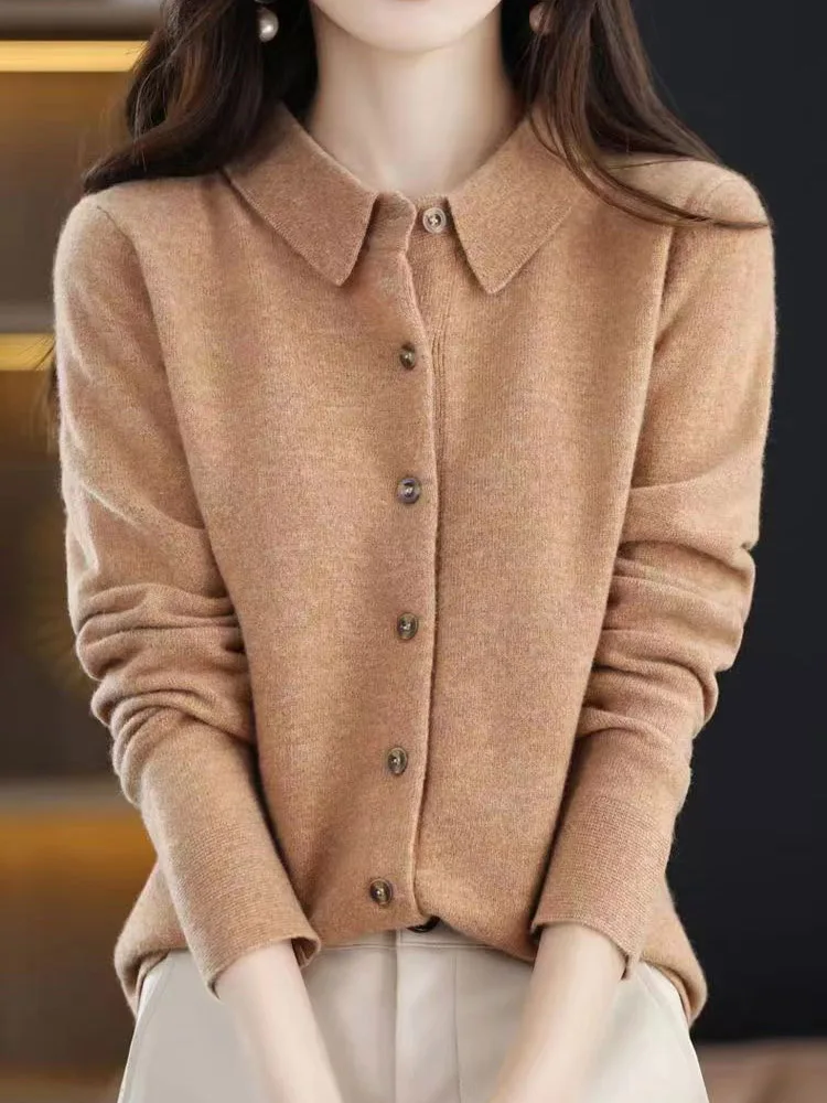 women\'s Cashmere POLO Collar Sweater Long sleeve Button Sweater Fit Slim Casual Letter Lapel Cardigan Harajuku S-4XL Coat Tops