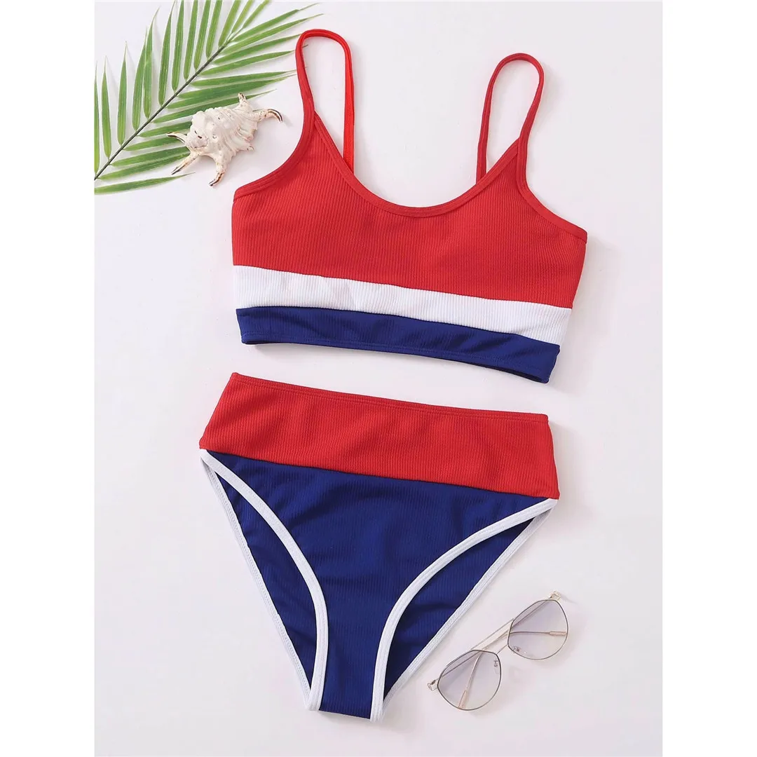 Neuer gerippter, zweiteiliger Damen-Bikini mit hoher Taille, Badeanzug, zweiteiliges Bikini-Set, Badebekleidung, Damen-Badeanzug V2238 – Detail 34