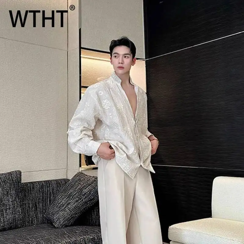 WTHT Trendy Men's Heavy Industy Embroidery Beads Design Shirts Fashion Solid Color Stand Collar Tops Male 2026 Summer 2A3119