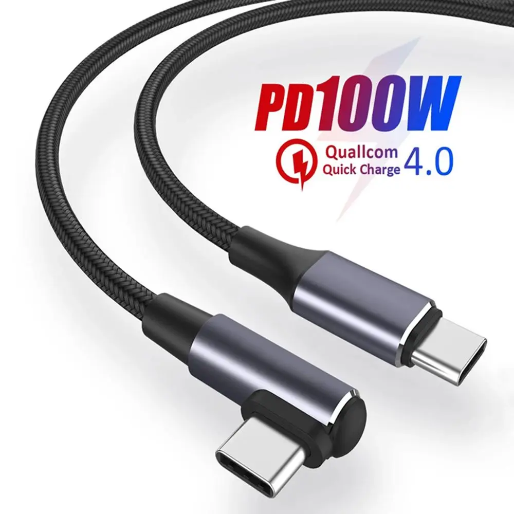 PD 100W Fast Charging Line USB C to USB Type C Cable Quick Charge 4.0 Right Angle Wire Laptop Mobile Phone 90 Degree Data Cable