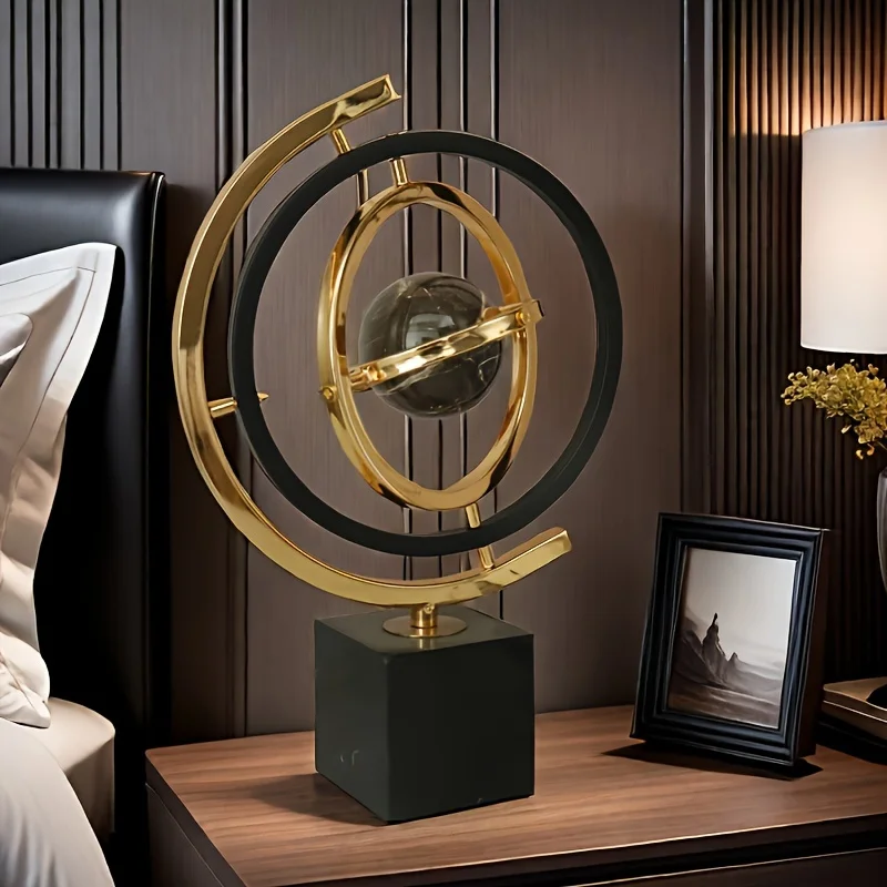 Modern Abstract Metal Globe Sculpture 1pc Black & Golden Art Decor with Rectangular Base for Home Office Living Room Study Shelf - Image 2