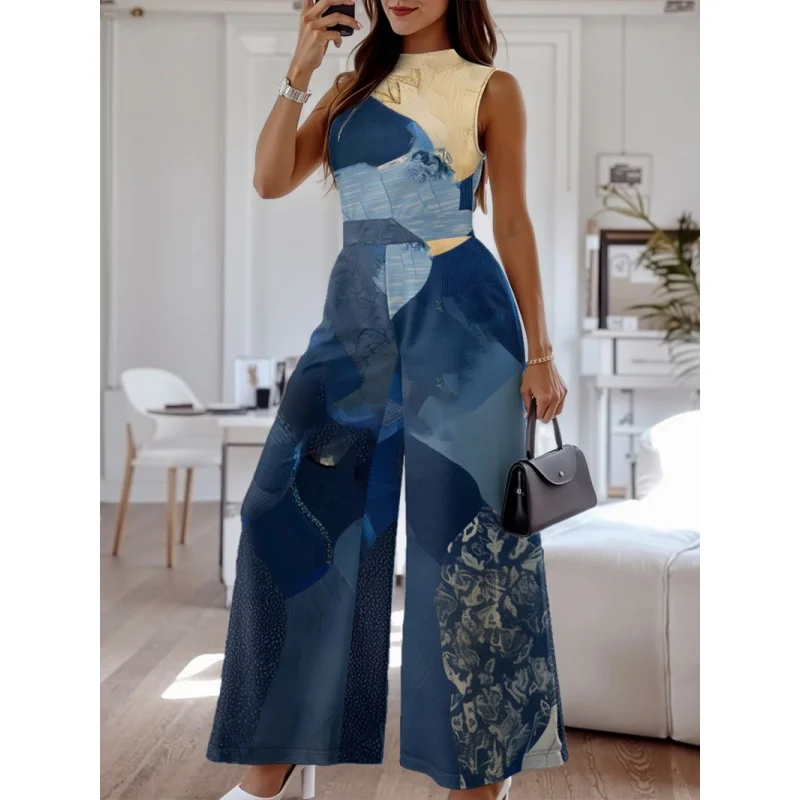 

Летняя европейская и американская новая сексуальная женская одежда с принтомБольшой расклешенный комбинезон с воротником и вставными карманами