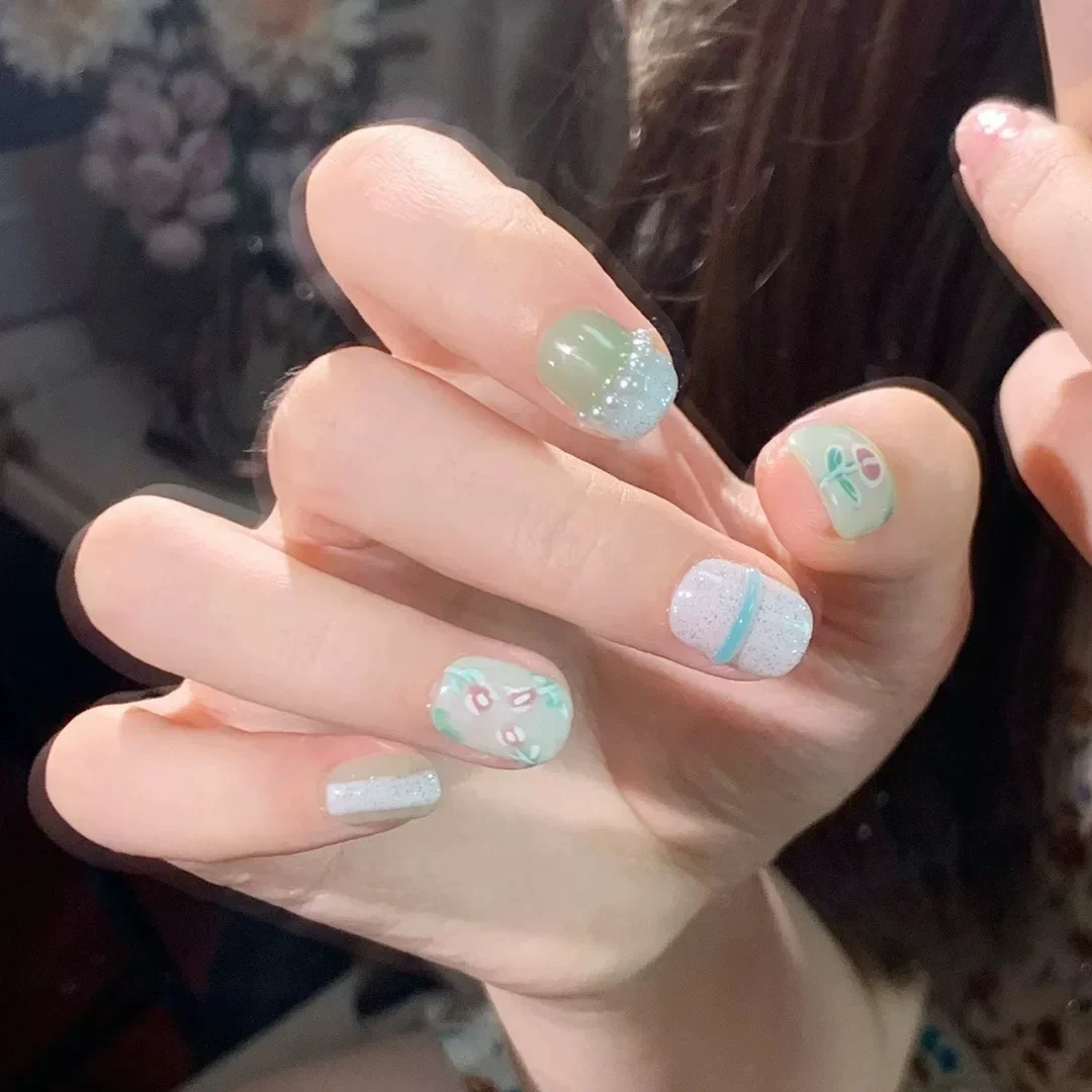 10pcs 3D Flower Bear Pattern Short Nails Green Handmade Press-On Nails Elegant Pearl Design Full Cover False Nails Dropshipping