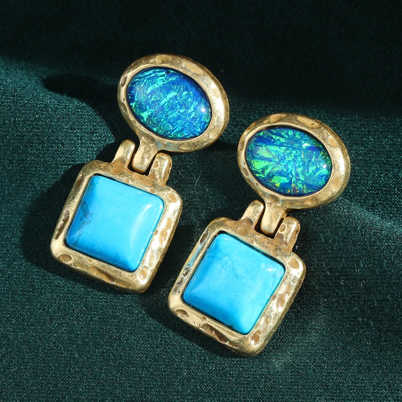 

﻿ Vintage Opal Natural Stone Drop Earrings Blue Square Turquoise For Women Bohemia Antique Gold Color Luxury Quality Jewelry
