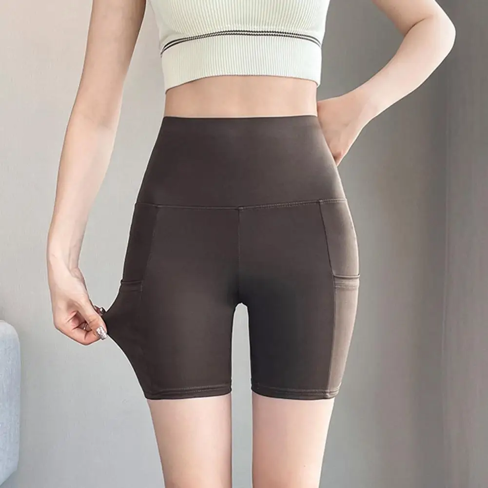 Women Safety Shorts with Side Pockets Solid Color High Elastic Summer Shorts Sweat-Absorbing Hip Lift Function Shorts 90