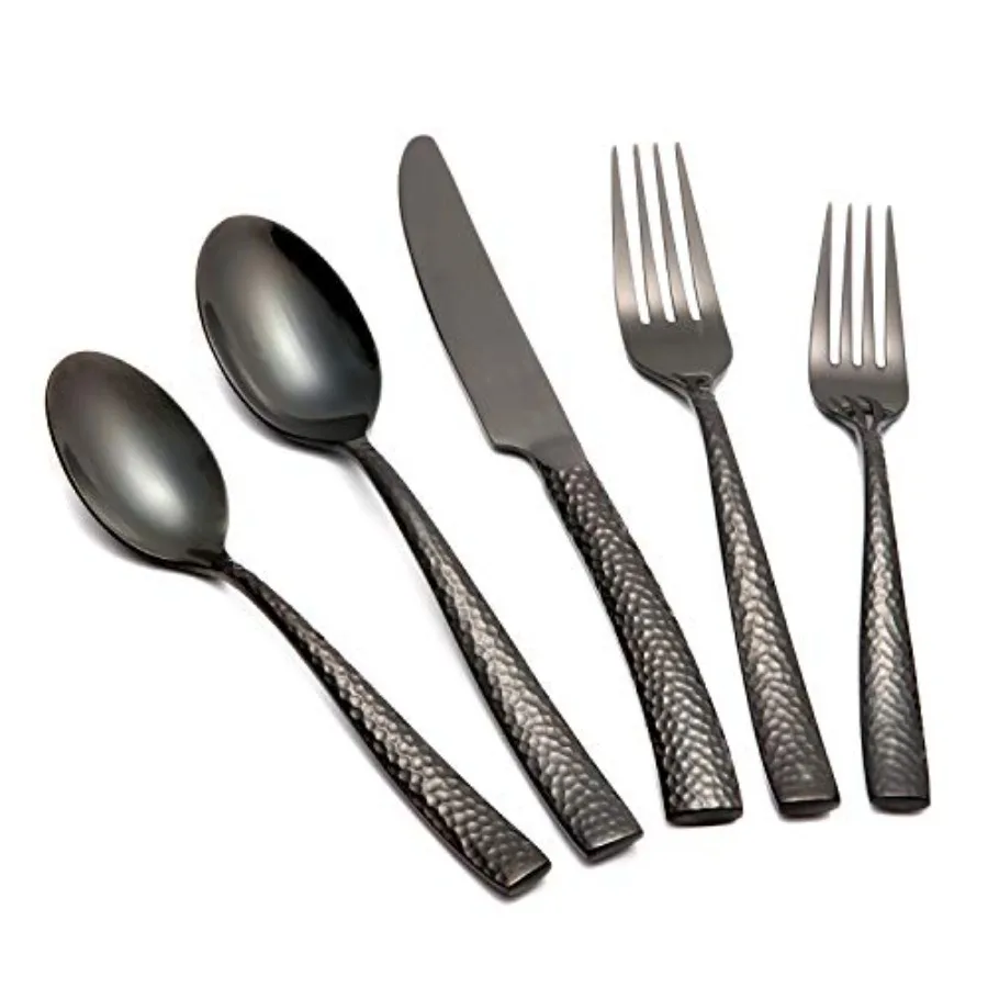 

Flatware Set Silverware Set 20 Pieces Mirror Finished Black Stainless Steel Cutlery Set Forged with Hammered Handle Service for