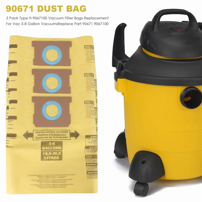 

B15C 3 Pack Type H 9067100 Vacuum Filter Bags Replacement For Shop Vac 5-8 Gallon Vacuums,Replace Part 90671 9067100