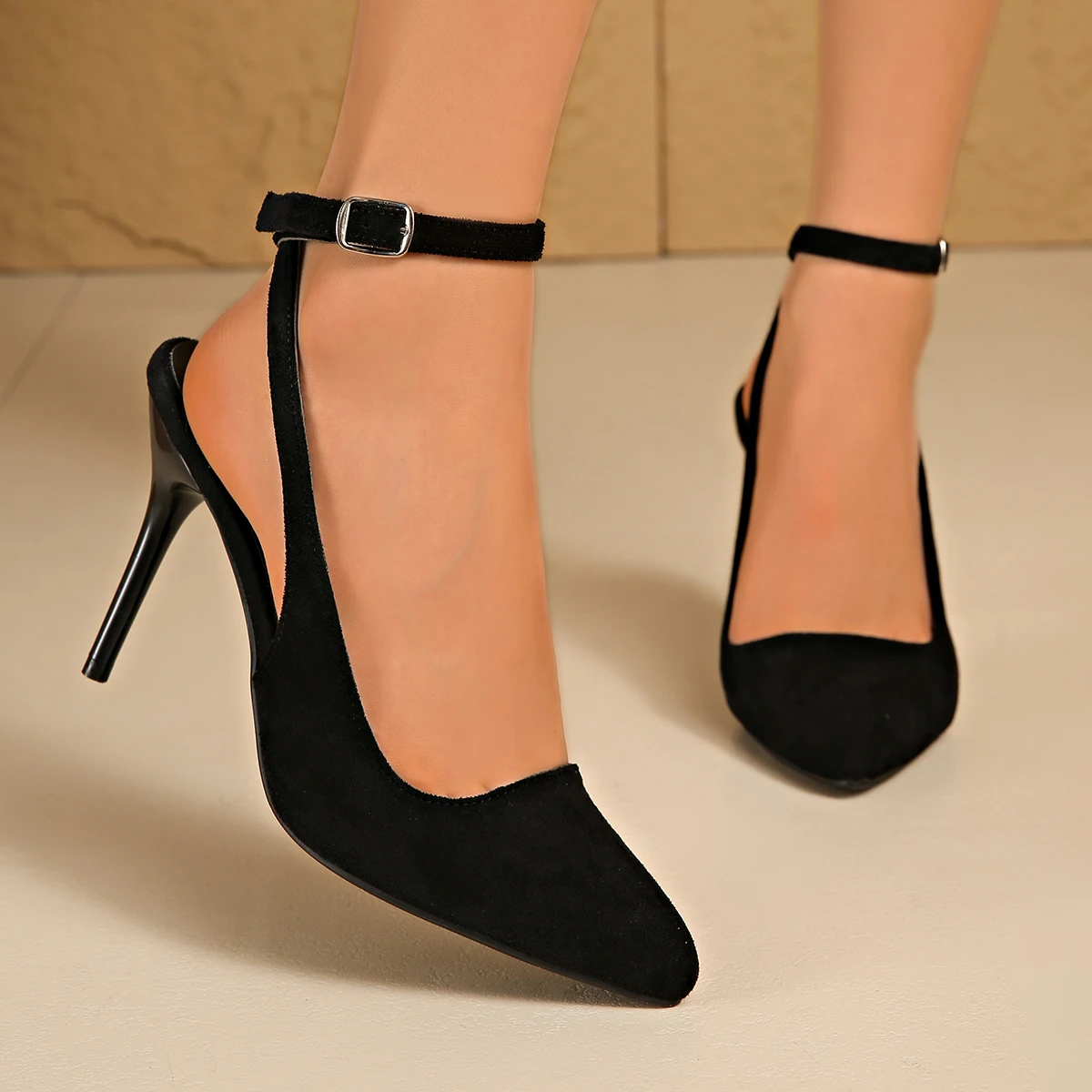 Women's Summer Black Suede Elegant Banquet High-heeled Sandals 2026 New High-quality Buckle Design Baotou Sandals Plus Size