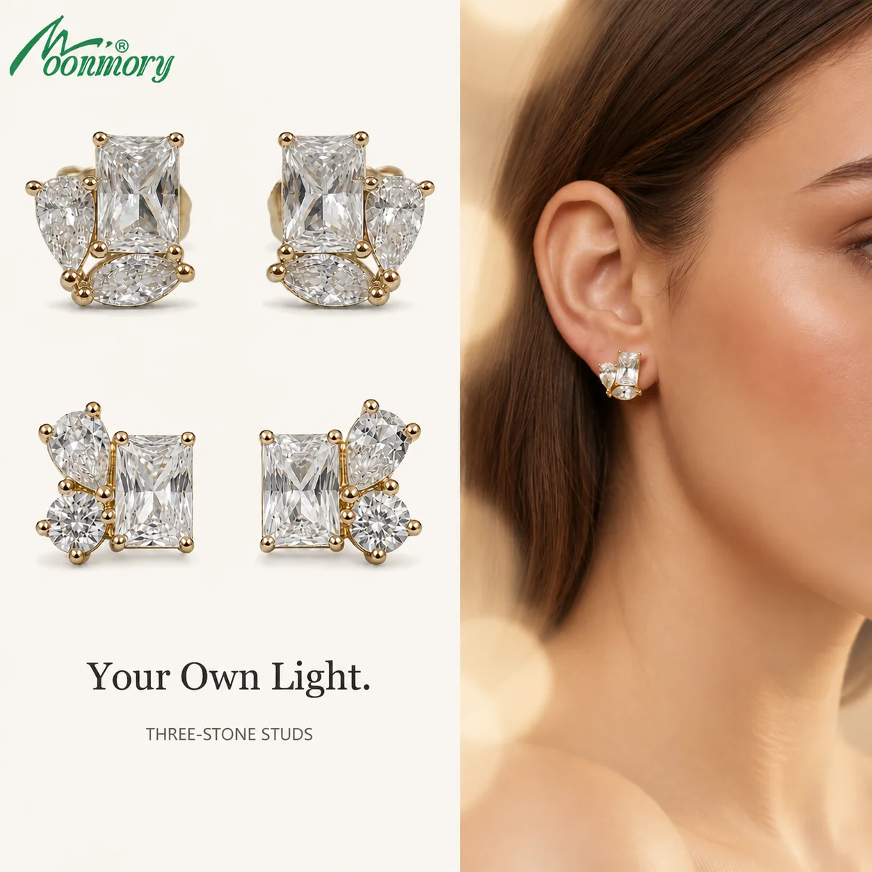 Moonmory Minimalistische Ohrringe mit einzigartigem Design, Birnen-, Marquise- und Rechteckschliff-Zirkonia für Damen, 5A, 14K doppelt vergoldet, Geschenk-Ohrringe – Detail 2
