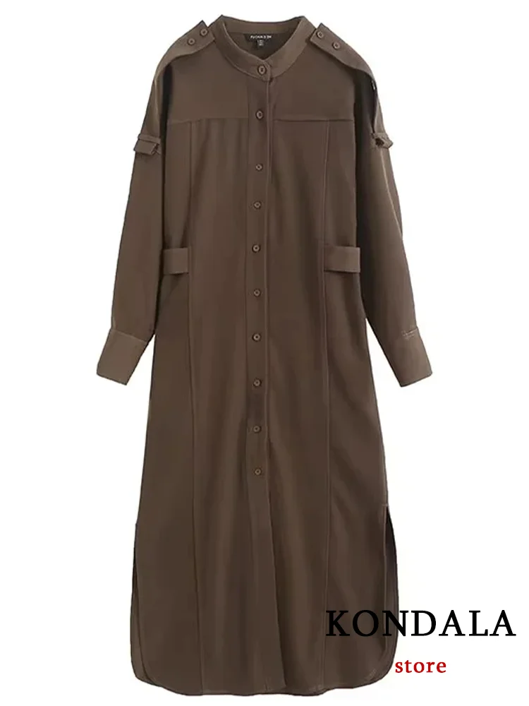 KONDALA Vintage Casual Chic Women Solid Dress V Neck Belt Single Breasted Long Sleeve Shirt Dress Fashion 2023 Autumn Dress