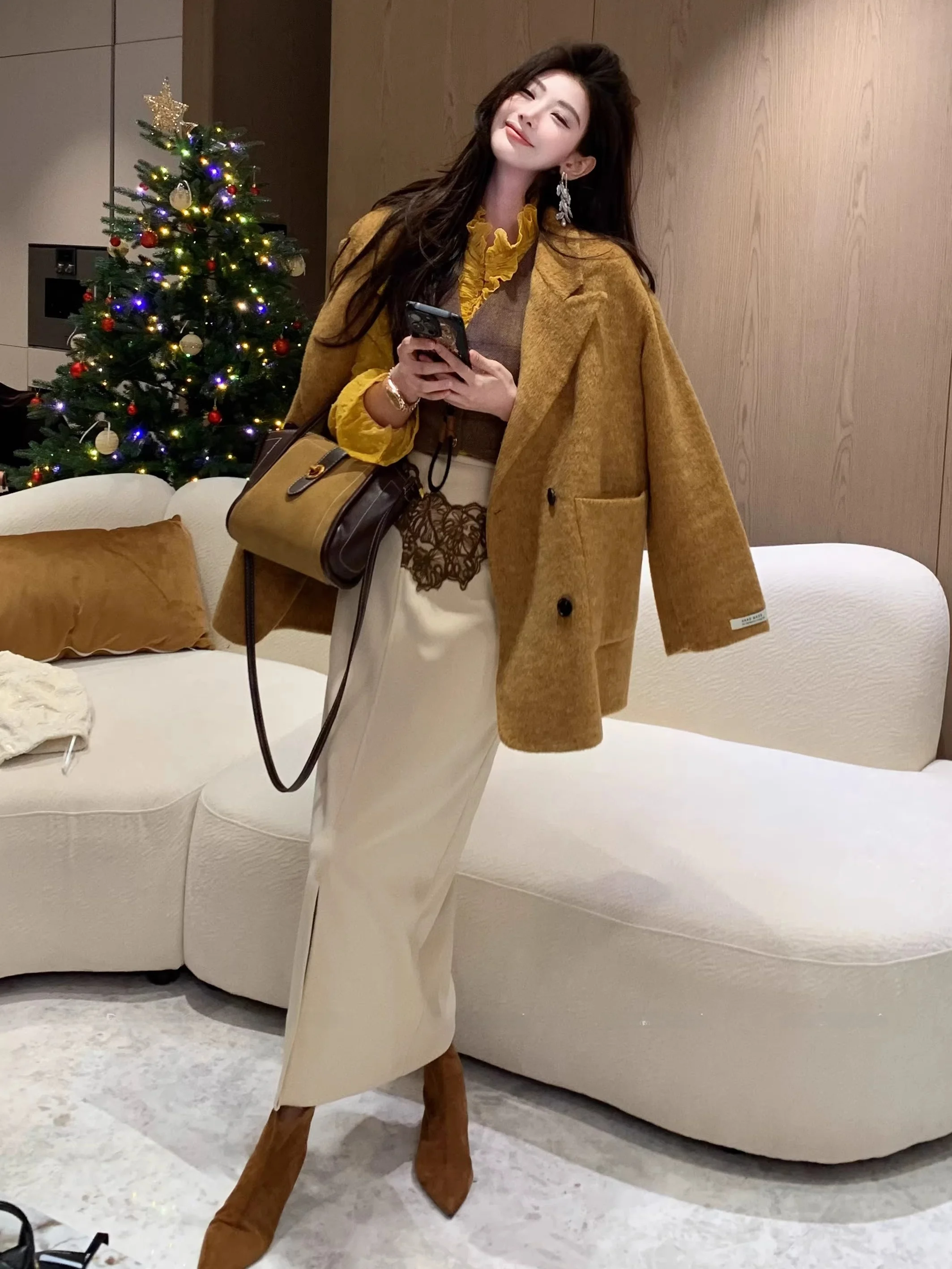 

Двусторонняя шерстяная куртка Thiened для женщин, синяя, из искусственного меха, повседневная, двубортная, длинная, с воротником-стойкой