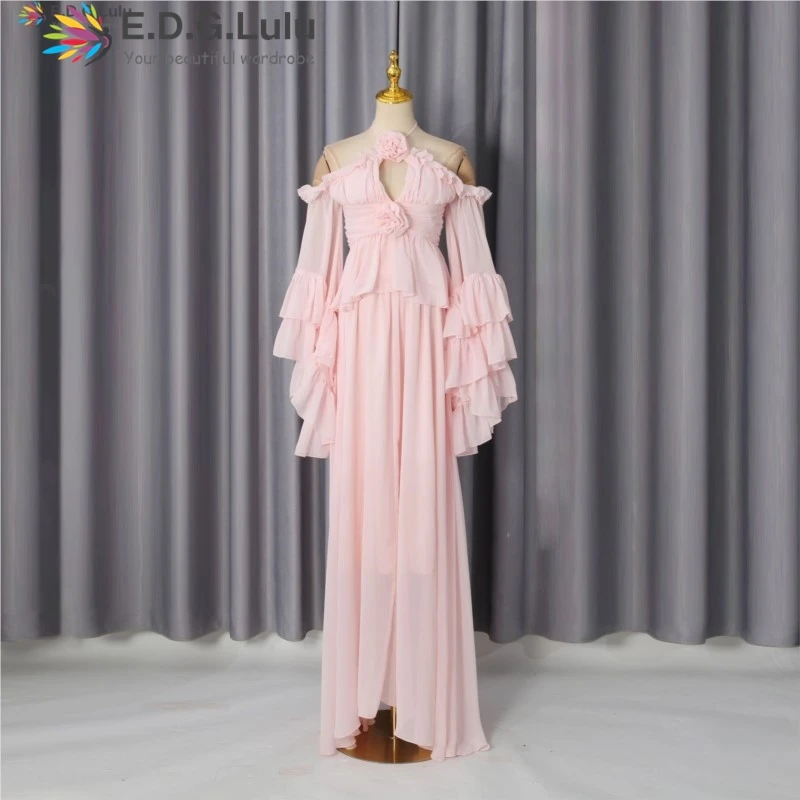 EDGLuLu 2 Pieces Set For Woman 3D Flower Splicing Off Shoulder Long Sleeved Top+High Waisted Long Skirt Pink Suit 0711