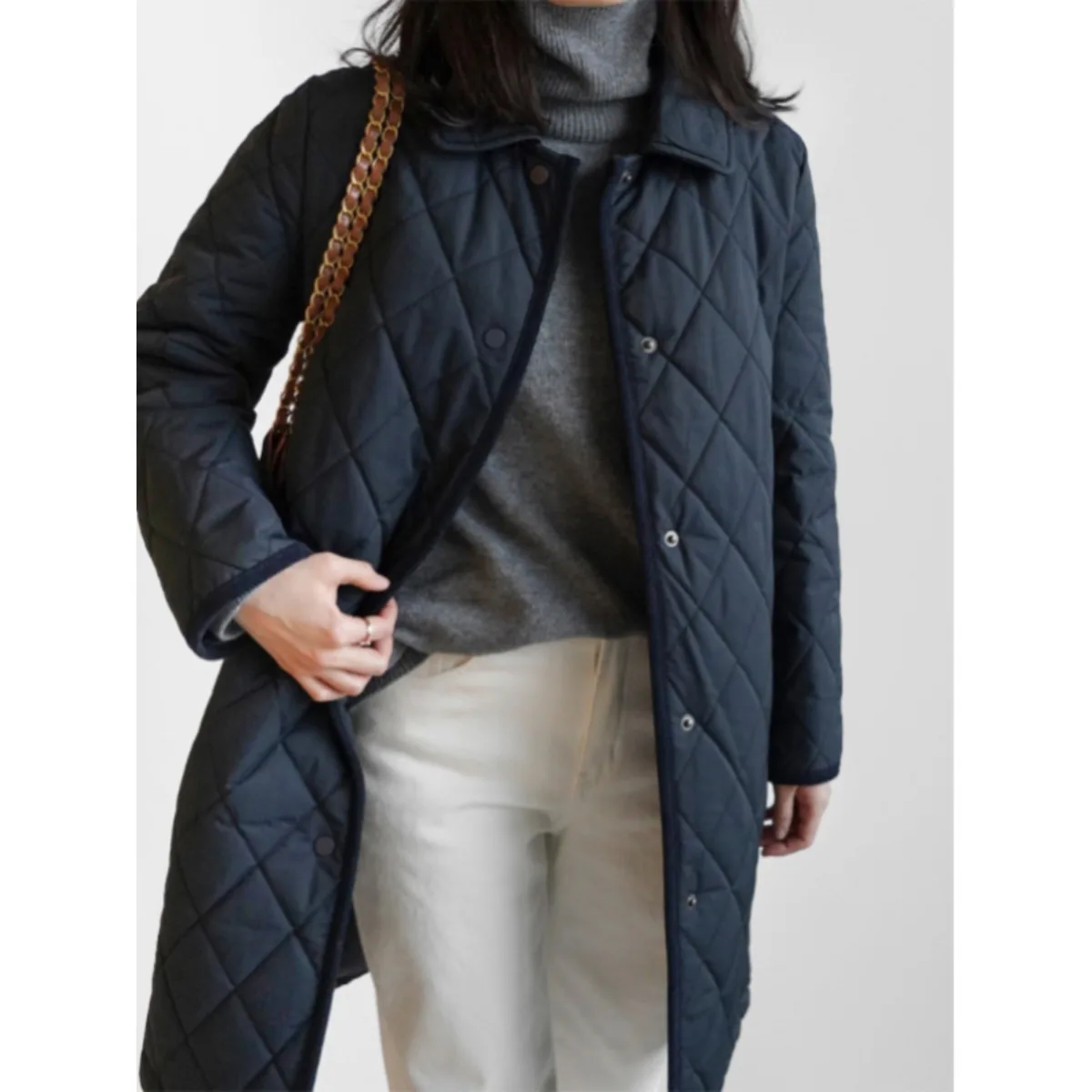 Retro Diamond Pattern Cotton Shirt Women's Mid-Length Warmth Outerwear Long Sleeve Button-Up Coat Black Cotton Padded Jacket