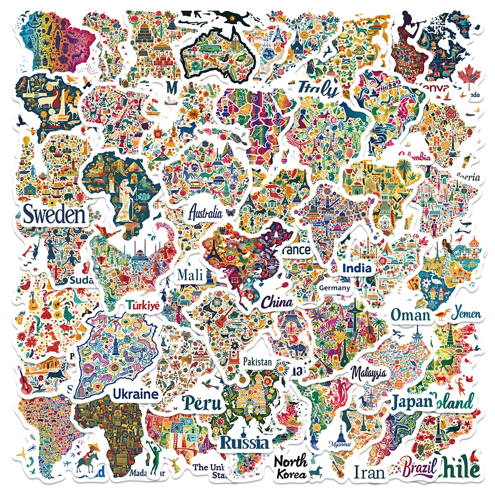 

50pcs Maps In cultural Symbols And Icons Stickers Aesthetic Decals For Laptop Skateboard Suitcase Guitar Waterproof Stickers