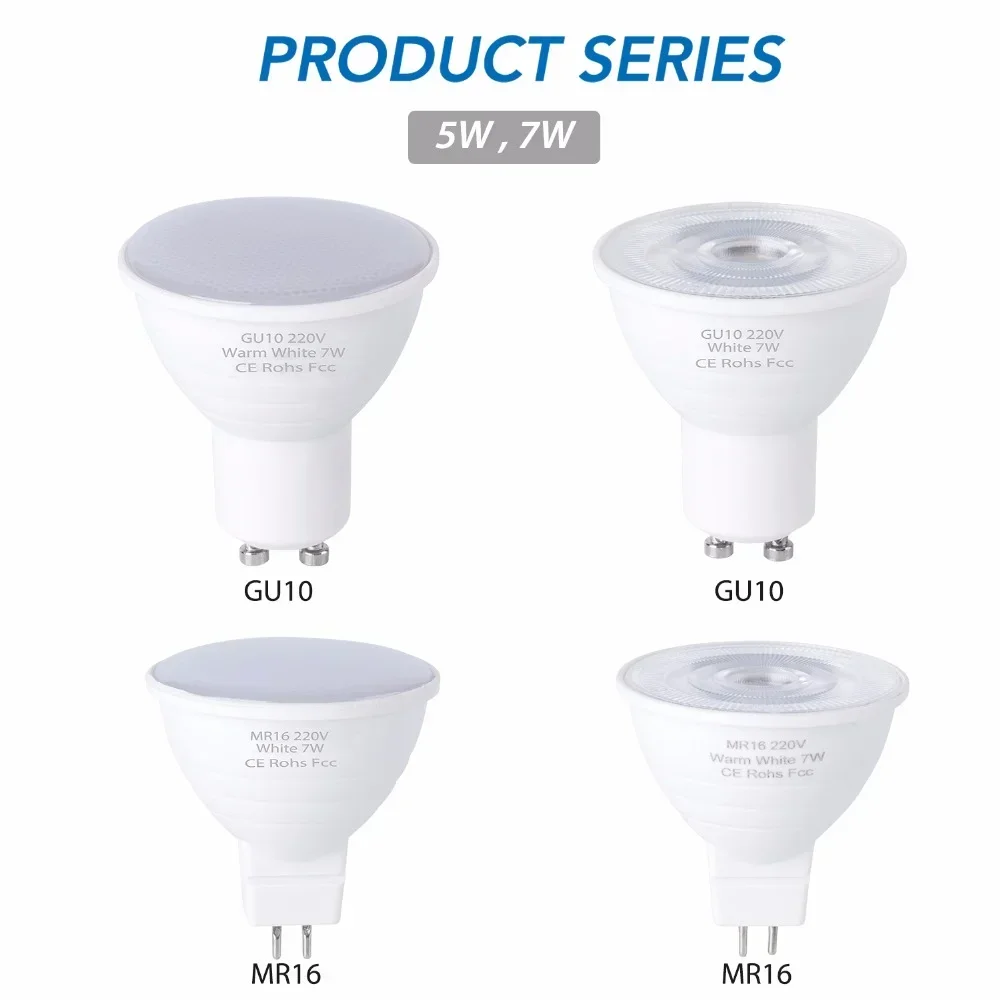 GU10 MR16 5W 7W หลอดไฟ LED สปอตไลท์หลอดไฟ LED 220V Spotlight Downlight Lampara หลอดไฟ LED สําหรับห้องนั่งเล่นในร่มห้องนอน